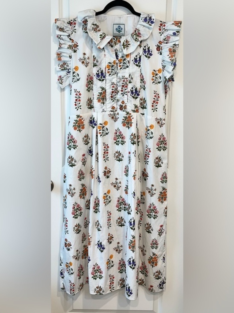 Sue Sartor Dress Womens XL White Floral Ruffle Collared Boho Midi Prep garden